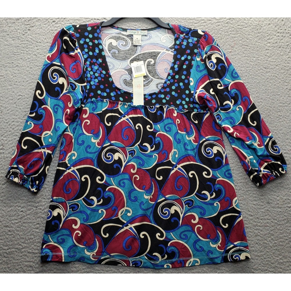 Vintage Suzie Blouse Top Womens Medium Multi Abstract Swirl Print Scoop Neck